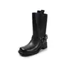 Botas de mujer de cuero de vaca de dos capas con efecto envejecido, nuevas de otoño e invierno, con punta cuadrada, hebilla de cinturón, tacón medio grueso, botas de media pantorrilla para mujer