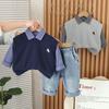 Traje de Primavera y Otoño para Niños 2025 Nuevo Estilo Coreano Estilo Extranjero Bebé Primavera Suéter de Manga Larga Chaleco Conjunto de Tres Piezas