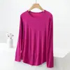 Camiseta de manga larga de algodón con hilo, cuello redondo, color liso, talla grande para mujer, prenda exterior de primavera y otoño, top holgado, camiseta básica para personas con sobrepeso