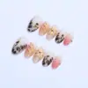 30 Piezas de Uñas Portátiles con Estampado de Leopardo Más Vendidas Transfronterizas con Forma de Almendra Francesa Doradas con Puntas de Uñas Artísticas Florales 3D Exquisitas Hechas a Mano