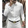 Camisa masculina de manga longa, cor sólida, botão oculto, sem costura, castanho claro francês, corte slim, elástica, sem amassar, anti-rugas, para uso business casual.