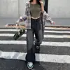 Jeans de pierna ancha estilo e-retro americano para mujer, primavera y otoño 2023, nuevos, negros, grises, forrados de polar, de cintura alta, rectos, de campana