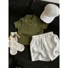 Ropa Infantil Estilo Coreano 2026 Verano Nuevo Estilo Retro Verde Cuello Polo de Punto Manga Corta Casual Holgado Shorts para Niños y Niñas