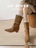 Botas Slim 2026 Botas de Tornozelo Western para Mulheres Design Bidirecional Aumento Oculto de Altura Dobrável Novo Jeans Couro Macio Nicho Estilo Francês