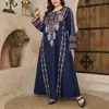Liquidação em Tamanhos Limitados: Robe Plus Size Azul Marinho de Caimento Solto, Manga Longa, Gola Redonda, Estilo Étnico Vintage para Comércio Transfronteiriço