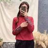 Camisa feminina de veludo dupla face, outono e inverno, vintage, bordada, estilo étnico, quente, manga comprida, camiseta, top, meia gola alta