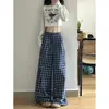 Pantalones de cuadros retro azules de pierna ancha para mujer, estilo casual de verano finos, rectos, holgados, relajados, adelgazantes y versátiles, de largo hasta el suelo.