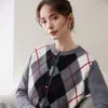 Cárdigan de punto de cachemira con retazos de diamantes retro y bloques de color para mujer, otoño invierno, estilo universitario, suéter versátil, abrigo de lana holgado