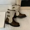 Botas hasta la pantorrilla con hebilla de cinturón de bloques de color estilo coreano, botas de equitación para mujer, nuevo modelo otoño e invierno 2026, diseño de tacón grueso, botas de motocicleta de nicho