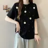 Camiseta Redonda Talla Extra con Bordado Floral 3D, Mangas Cortas, para Mujer 2026 Verano Estilo Coreano Holgada Moderna Versátil