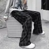 Calça casual xadrez preto e branco retrô de outono, unissex, estilo americano, caimento relaxado, calça reta larga solta