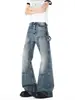 Calça jeans de lenhador com botões estilo rua americano para mulheres e homens, vibe outonal, calça de trabalho microflare lavada, calça wide leg desgastada