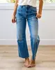 Pantalones de mezclilla deshilachados de pierna ancha de mujer, nuevos para primavera y otoño, cómodos para ir al trabajo, con bolsillos de parche, versátiles, modernos