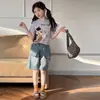 Conjunto de Shorts de Mezclilla de Manga Corta para Niñas Verano Nuevo Ropa Infantil Conjunto de Dos Piezas de Camiseta de Manga Corta y Shorts a la Rodilla para Niñas
