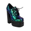 Nuevos Zapatos Británicos de Primavera y Otoño para Mujer Escama de Pez Lentejuelas Cordones Boca Profunda de una Sola Capa Plataforma de Agua Tacón Grueso Tacones Altos Zapatos de Escenario