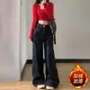 Jeans de Perna Larga Estilo Americano Retrô Azul Escuro Calças Soltas de Cintura Alta Pequena Perna Reta