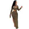 C5550 Novo Produto Transfronteiriço Aliexpress Amazon Ebay Cor Sólida Gola Redonda Manga Longa Recorte Fenda Vestido Longo