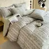 Juego de ropa de cama de cuatro piezas, 100% algodón, Grado A, estilo retro, engrosado, cepillado, para otoño e invierno, con sábanas y fundas de edredón amigables con la piel, ropa de cama de algodón simple y pura