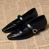 2026 Primavera/Otoño Punta Francesa Tacón Grueso Antideslizante Resistente al Desgaste Calzado Exterior Correa de Hebilla Única Boca Baja Moda Zapatos Planos para Mujer
