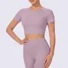 Camiseta de yoga feminina de manga curta em spandex, respirável, absorvente de suor, corte justo, comprimento curto, top fitness fresco e de secagem rápida