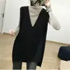 Colete de tricô estilo coreano, simples e casual, decote V profundo, comprimento médio, solto, suéter plus size, colete versátil para mulheres usarem como peça externa
