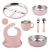 Amazon Taza de Succión de Silicona Platino Acero Inoxidable 304 Plato de Cena Traje Alimentación Infantil Traje de Vajilla de Silicona