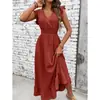 Vestido longo de alça V com babados e acinturado, atacado em estoque, novo modelo de verão, estilo europeu e americano transfronteiriço para férias na praia