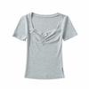 Camiseta corta plisada de verano para mujer, estilo Spice Girls, estilo europeo y americano, con cuello cuadrado, corte entallado y lazo dulce.