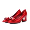 Nuevos Zapatos de Mujer para Primavera, Verano, Otoño de Comercio Exterior con Lazo Dulce y Tacón Medio, Zapatos Sexy de Punta Aguda con Tacón Grueso de Pedrería en Varios Tamaños