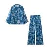 Conjunto de dos piezas para mujer de comercio exterior transfronterizo estilo chino nuevo europeo y americano con estampado, cuello alto vintage, top corto y pantalones de pierna ancha