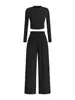 Conjunto Amazon transfronteiriço europeu e americano: calça casual de perna larga da moda, com cadarço, cor sólida, acinturada, para outono e inverno