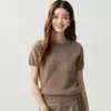 Bai Cai Rong Cachemira Otoño/Invierno Nuevo Estilo Estilo Old Money Camiseta Manga Corta Cuello Redondo Suéter de Punto Trenzado Suave Pegajoso Color Sólido Capa Base
