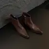 Botas femininas de primeira camada em couro bovino com lavagem de cor, botins de salto grosso, novo estilo outono/inverno, bico quadrado, zíper lateral, acabamento desgastado, botinhas de salto alto com bico quadrado para mulheres