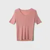Camiseta de Malha de Tencel com Gola U Manga Curta Verão Slim Fit Respirável Top Básico para Mulheres Lyocell Amora
