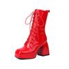 Botas de Solado Grosso, Bico Quadrado em Verniz, Salto Grosso de Solado Grosso, Saltos Altos, Botas de Cano Médio com Cadarço Frontal, Botas de Cavaleiro Outono e Inverno, Botas Curtas Femininas
