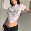 Camiseta Cropped de Manga Corta Ajustada Sexy con Estampado de Cangrejo de Cinco Patas para Mujer, Camiseta Básica de Verano Estilo Europeo y Americano Transfronterizo con Cadena Metálica Estampada