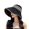 Sombrero de copa vacío de rayas de verano para mujer, de goma negra, protector solar, anti-UV, sombrero grande con ala ancha que cubre la cara.