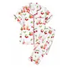 Pijama de Seda de Leche de Comercio Exterior Europeo para Mujer Primavera y Otoño Manga Corta Pantalón Largo Estampado de Gato Ropa de Casa Venta al por Mayor de Fábrica