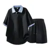 Conjunto Casual de Manga Corta con Solapa Falso Dos Piezas Estilo Americano Lobo del Territorio del Norte para Hombre Camiseta Suelta de Moda y Pantalones Cortos Polo