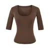 694-Camiseta Fashionável Estilo Europeu e Americano com Gola U e Manga Média para Mulheres Nova Coleção Primavera e Verão 2026 Top Básico Sexy Emagrecedor