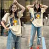 Camiseta de Algodão Puro Manga Curta Estilo Americano com Estampa de Pato para Mulheres 2026 Novo Design Versátil Solta Emagrecedora Top