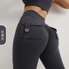 Pantalones de Yoga de Tacto Desnudo con Botones Altos que Levantan los Glúteos para Mujer con Bolsillo Leggings Deportivos Pantalones de Fitness Color Durazno