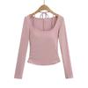 Top Sexy Justo de Manga Longa com Renda e Bojo, Estilo Puro Desejo Feminino, Falso Duas Peças