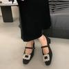 Sapatos femininos de salto grosso, salto alto, bico quadrado, preto, strass, novos, outono e inverno, 2024, sapatos Mary Jane com forro de lã, pele