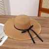 Sombrero de sol de paja de ala ancha deshilachado estilo francés para mujer con cinta de lazo, sombrero de paja para vacaciones en la playa, sombrero de protección solar, venta al por mayor