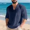 Camisa Casual de Lino para Hombre, Transfronteriza Europea y Americana, Holgada, Cuello en V, Manga Larga, Color Sólido, Holgada, Algodón-Lino, Transpirable, Camisa Base