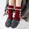 Botas e Meias de Algodão para Mulheres no Outono e Inverno Meias de Lã Grossas e Quentes com Laços Fofos para Ano Novo e Natal Ankora Vermelho Panturrilha