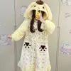Pijama feminino com capuz, estampa de lótus, tema de cachorrinho fofo, roupão de banho de fleece coral, espesso e quente, comprimento médio, para outono e inverno, adequado para usar em casa