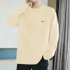 Playera de Manga Larga de Algodón Puro Pesado de 260 g para Hombre, Holgada, Moderna, Estampada, Cuello Redondo Interior, Camiseta Básica de Algodón Puro para Otoño