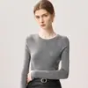 Coleção nova de 2026: suéter feminino de malha fina 100% lã, gola redonda, mangas compridas, estilo pullover, design listrado color-block, malha fina para outono e inverno